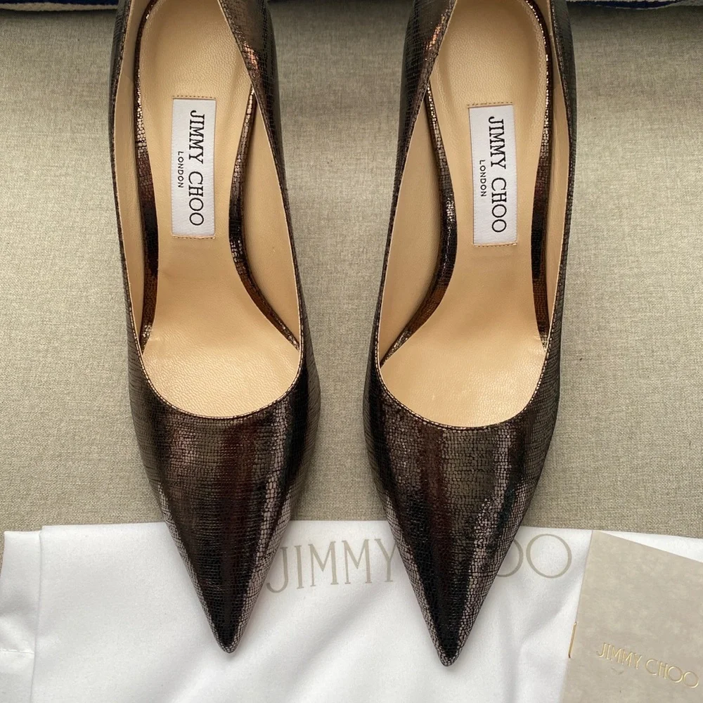 Jimmy Choo Metallic Bronze Pointed-Toe Stiletto Pumps - Picture 11 of 12